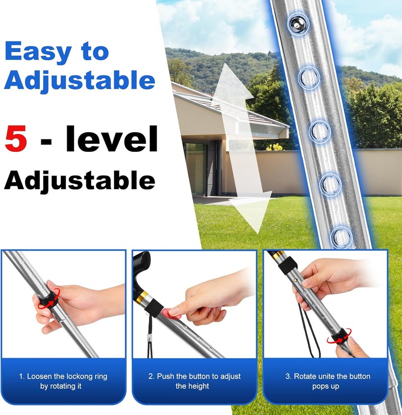 MFE Folding Cane, Portable 5-Level Adjustable Height Walking Stick with Foldable Design, Wrist Strap, and T Handle for Men and Women - Image 5